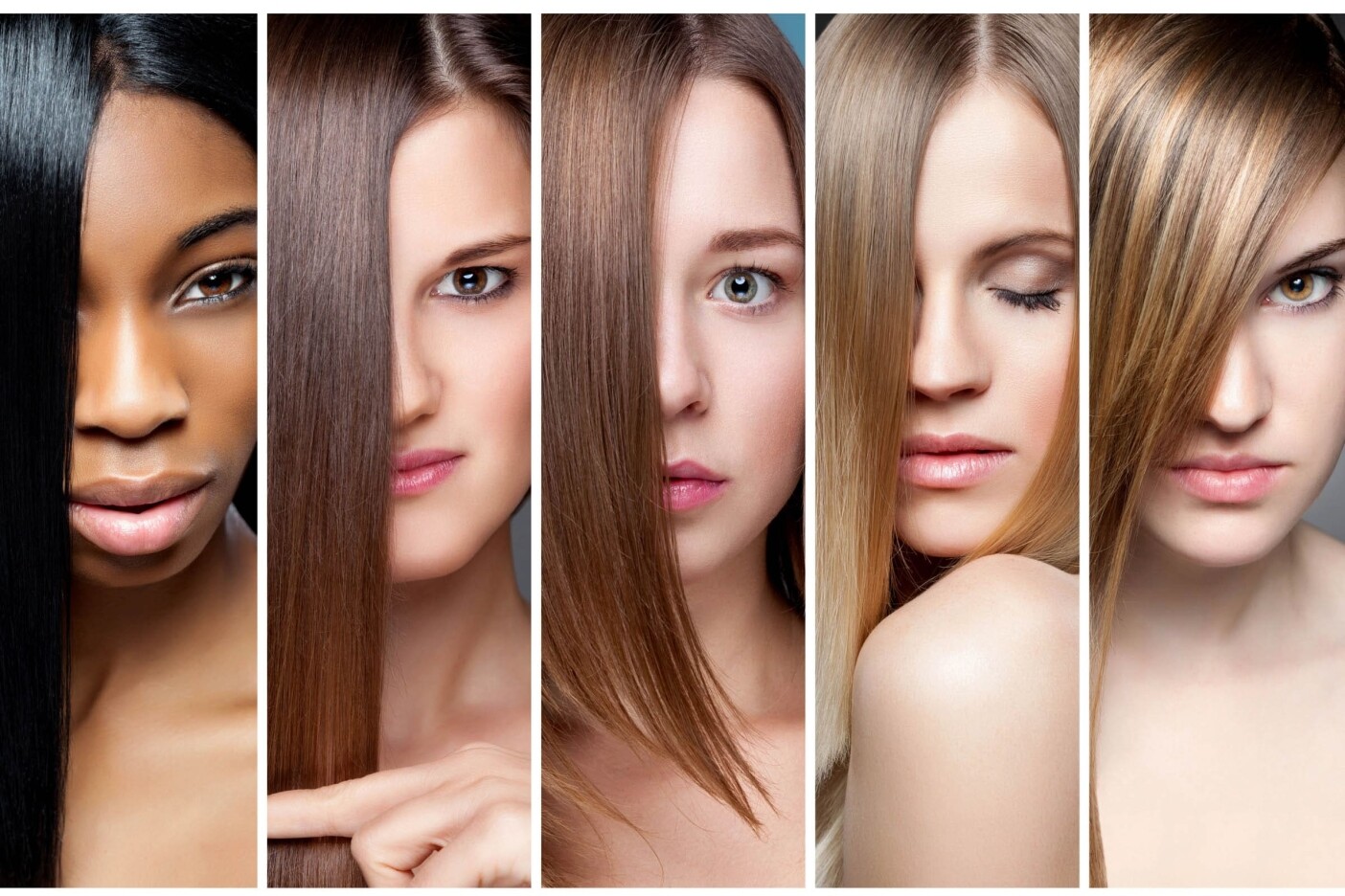 Collage of five women with different hair types and colors, each styled to cover one eye, showcasing straight, shiny hair. The hair colors range from black to various shades of brown and blonde. Their expressions are neutral or slightly serene—perfect inspiration for your next visit to the best hair salon in Cary, NC.