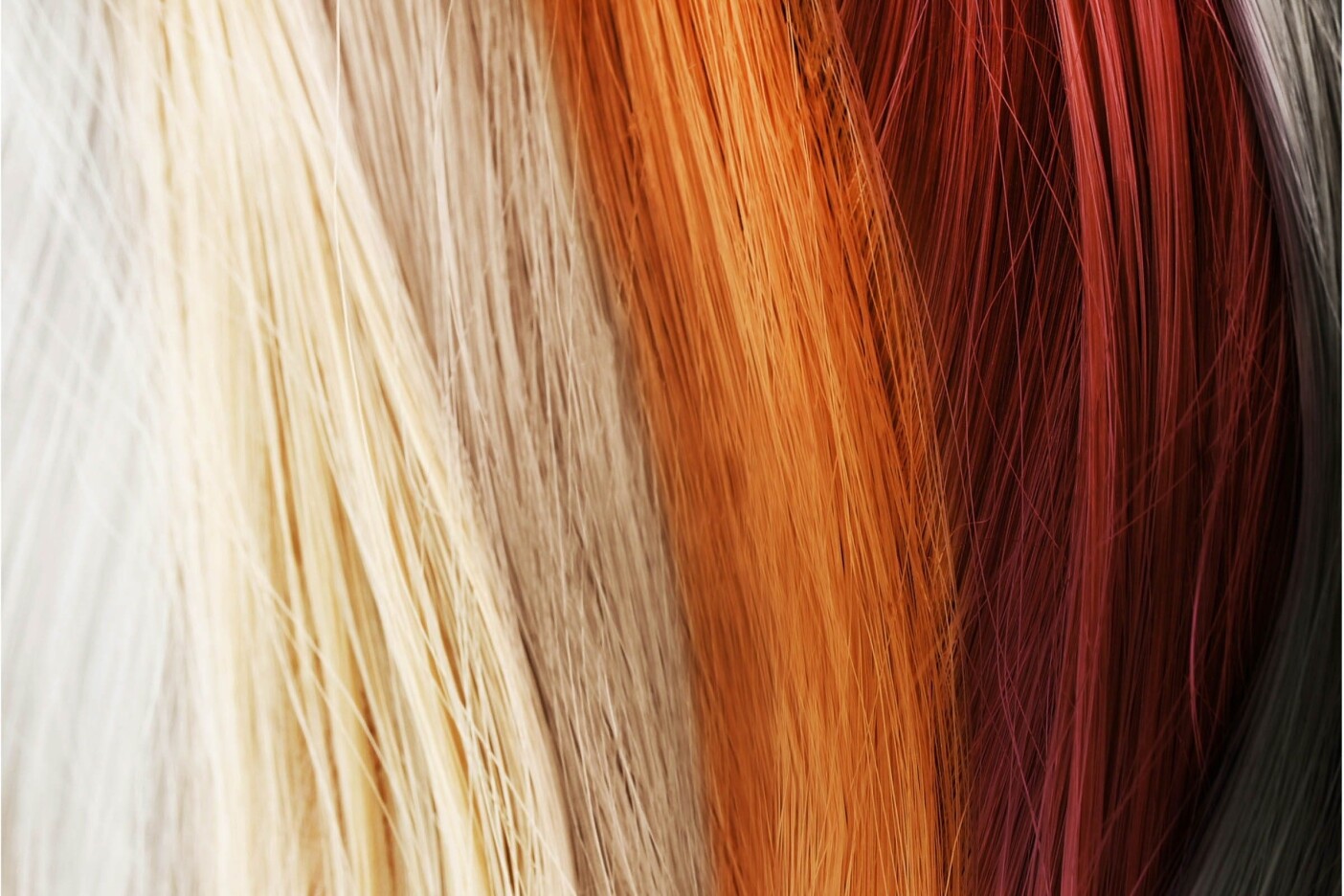 how-to-keep-your-hair-color-looking-beautiful v2 2400 x 1600_edited Close-up view of various strands of hair in different shades, ranging from platinum blonde to light brown, orange, deep red, and black. The strands are placed next to each other, showing a gradient of colors—an inspiring palette for your next visit to a hair salon.