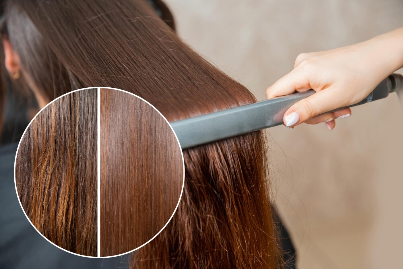 How to Decide if a Keratin Treatment is Right for Your Hair Type_edited A hand using a flat iron to straighten long brown hair, complemented by an inset circle showing the magic of keratin treatment. The left side reveals frizzy hair, while the right showcases sleek, straightened locks.