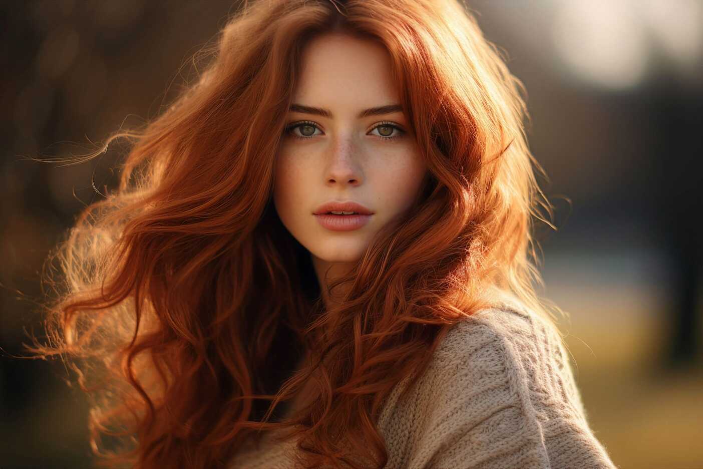 A young woman with long, wavy red hair and freckles gazes directly at the camera. She is outdoors in soft, golden lighting, wearing a beige knitted sweater. The background is blurred, showcasing a natural environment—a perfect candidate for a hair salon near me to highlight her stunning mane.