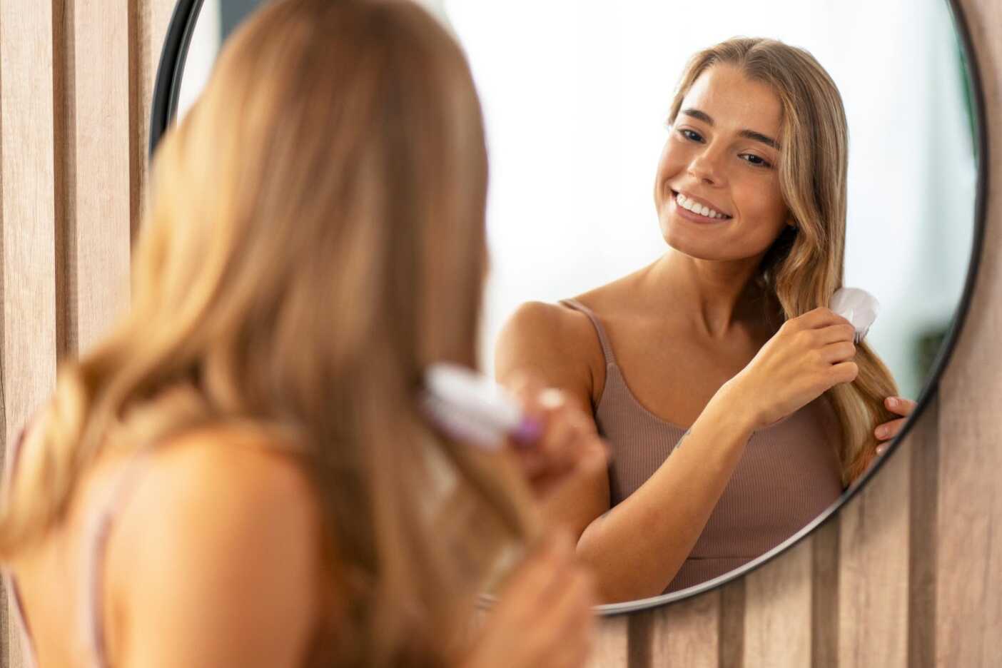 A woman with long, light brown hair is smiling at her reflection in a round mirror. She is using a brush to comb her hair in preparation for her Sunday salon visit. Wearing a beige tank top, she appears pleased with her morning routine against the backdrop of vertical wooden panels.